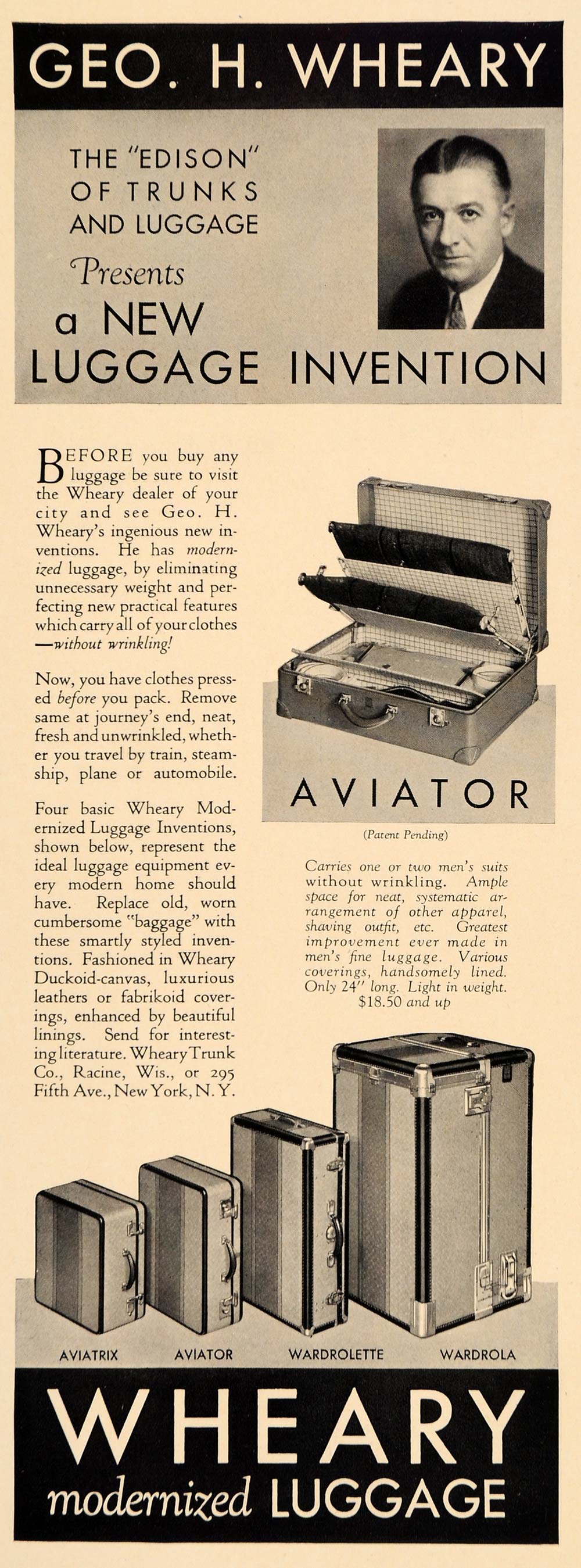 1931 Ad Geo H Wheary Trunks Luggage Wardrola Aviator - ORIGINAL ADVERTISING F1A