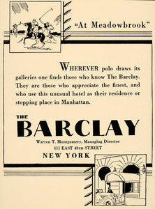 1931 Ad Barclay Hotel Manhattan Meadowbrook Polo Sport - ORIGINAL F1A