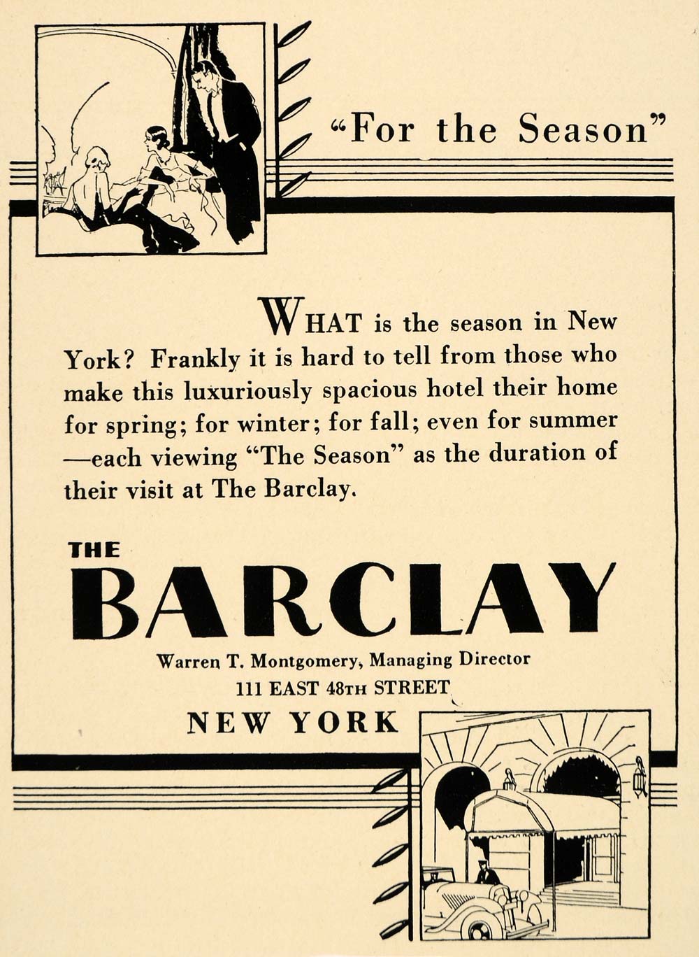 1931 Ad Barclay Hotel Season Lodge Vacation New York - ORIGINAL ADVERTISING F1A