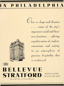 1931 Ad Bellevue Stratford Hotel Philadelphia Lodge - ORIGINAL ADVERTISING F1A