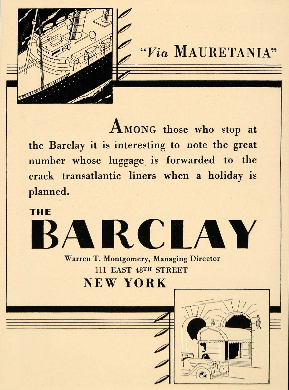 1931 Ad Barclay Hotel Mauretania Lodge New York Trip - ORIGINAL ADVERTISING F1A