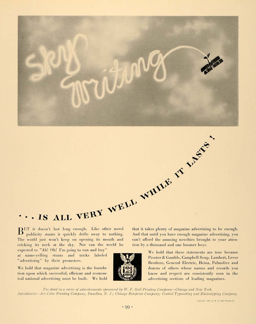 1933 Ad W F Hall Printing Company Sky Writing Airplane - ORIGINAL F2A