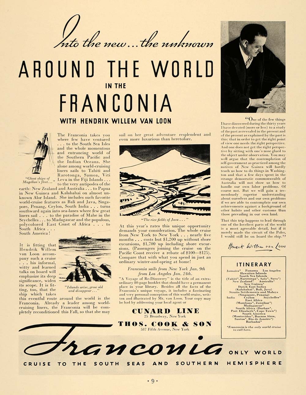 1933 Ad Cunard Line Franconia Cruise Hendrik van Loon - ORIGINAL ADVERTISING F2A