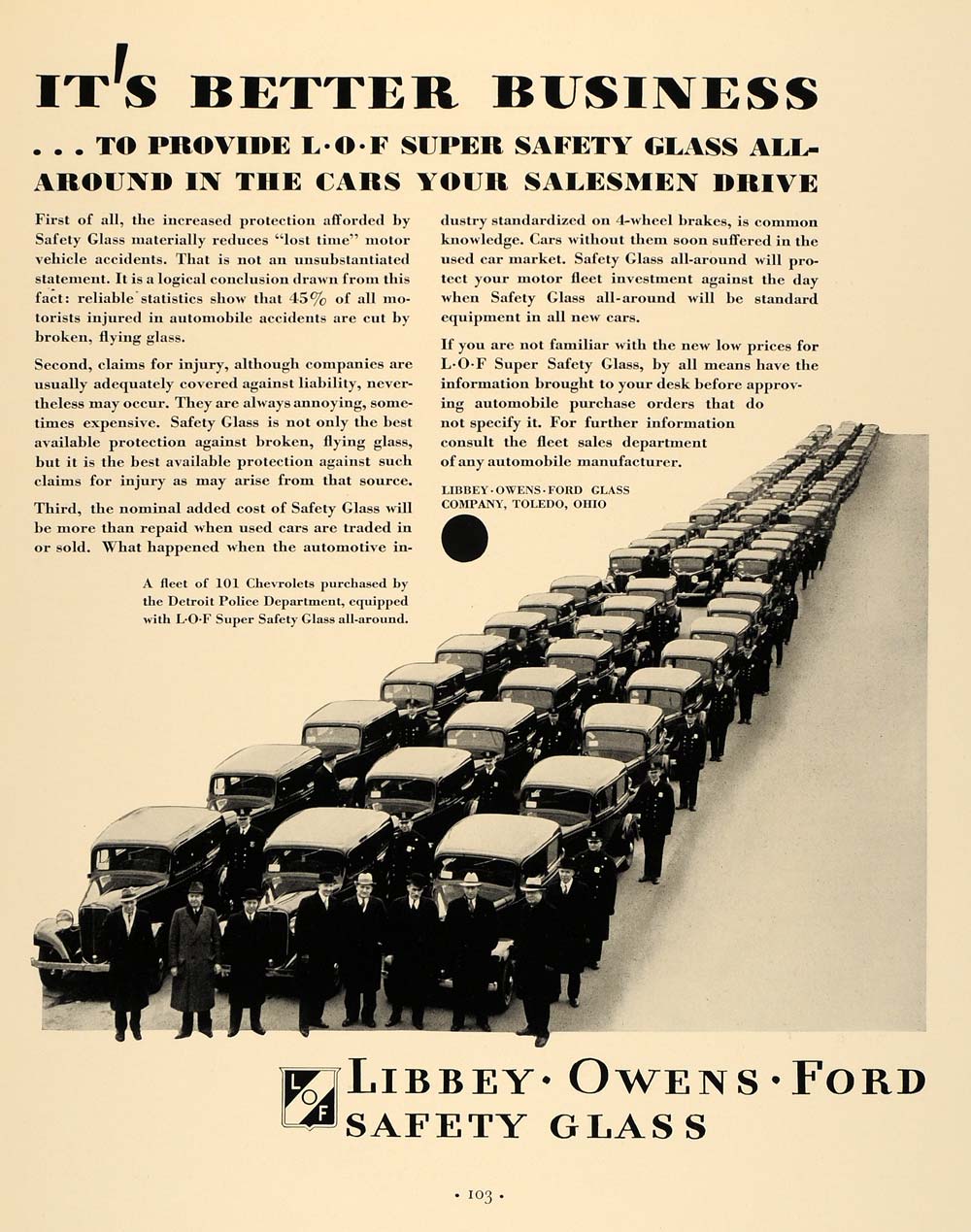 1933 Ad Libbey Owens Ford Safety Glass Detroit Police - ORIGINAL ADVERTISING F2A