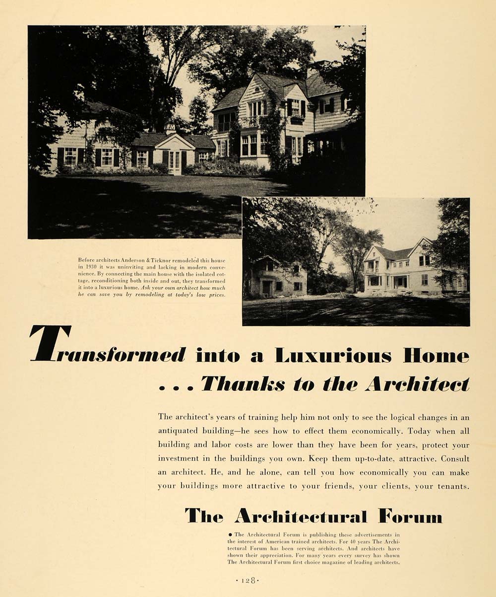 1933 Ad Architectural Forum Anderson Ticknor Remodel - ORIGINAL ADVERTISING F2A