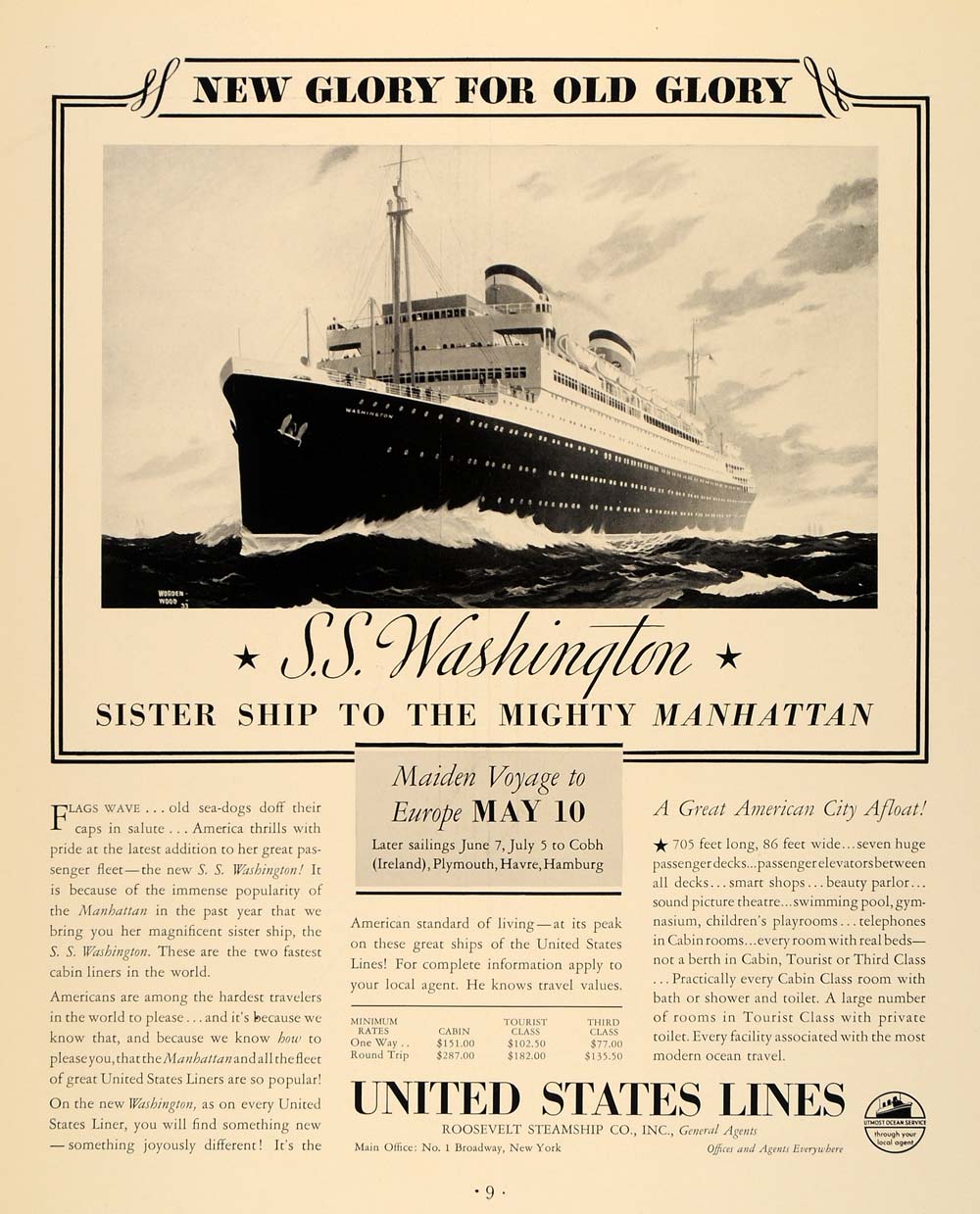 1933 Ad United States Lines Roosevelt Steamship Cruise - ORIGINAL F2A