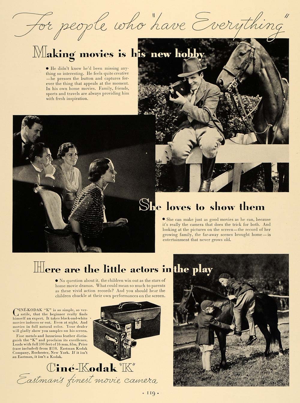 1933 Ad Eastman Cine Kodak K Movie Camera Recorder Film - ORIGINAL F2A