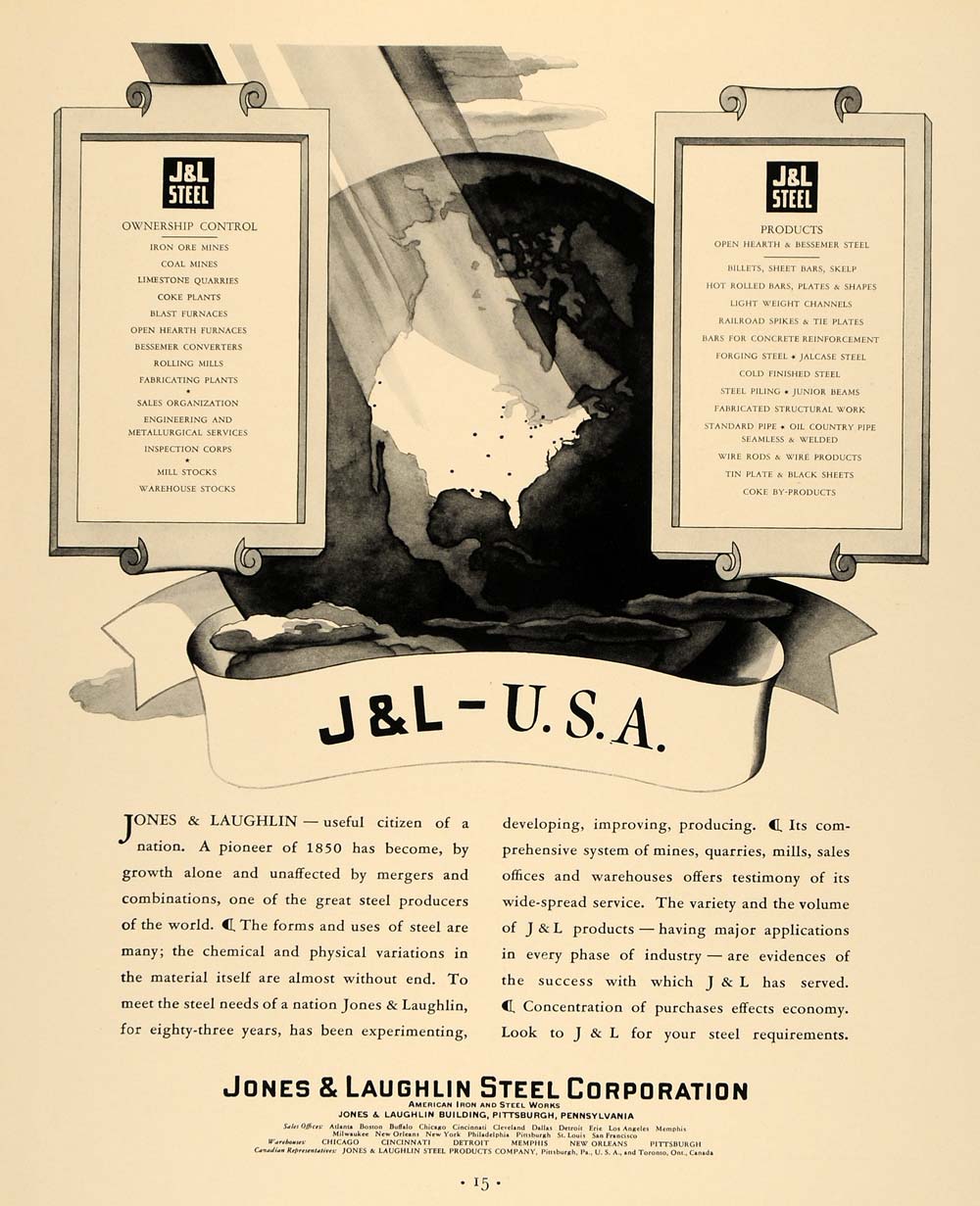 1933 Ad Jones & Laughling Iron Steel Globe Pittsburgh - ORIGINAL ADVERTISING F2A