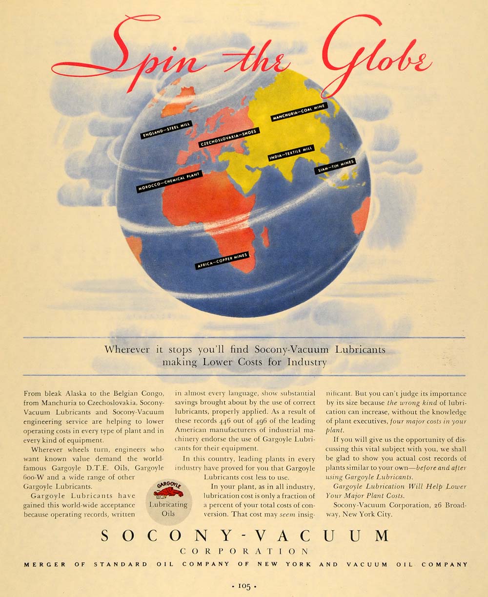 1933 Ad Socony-Vacuum Oil Gargoyle Lubricant Globe Spin - ORIGINAL F2A
