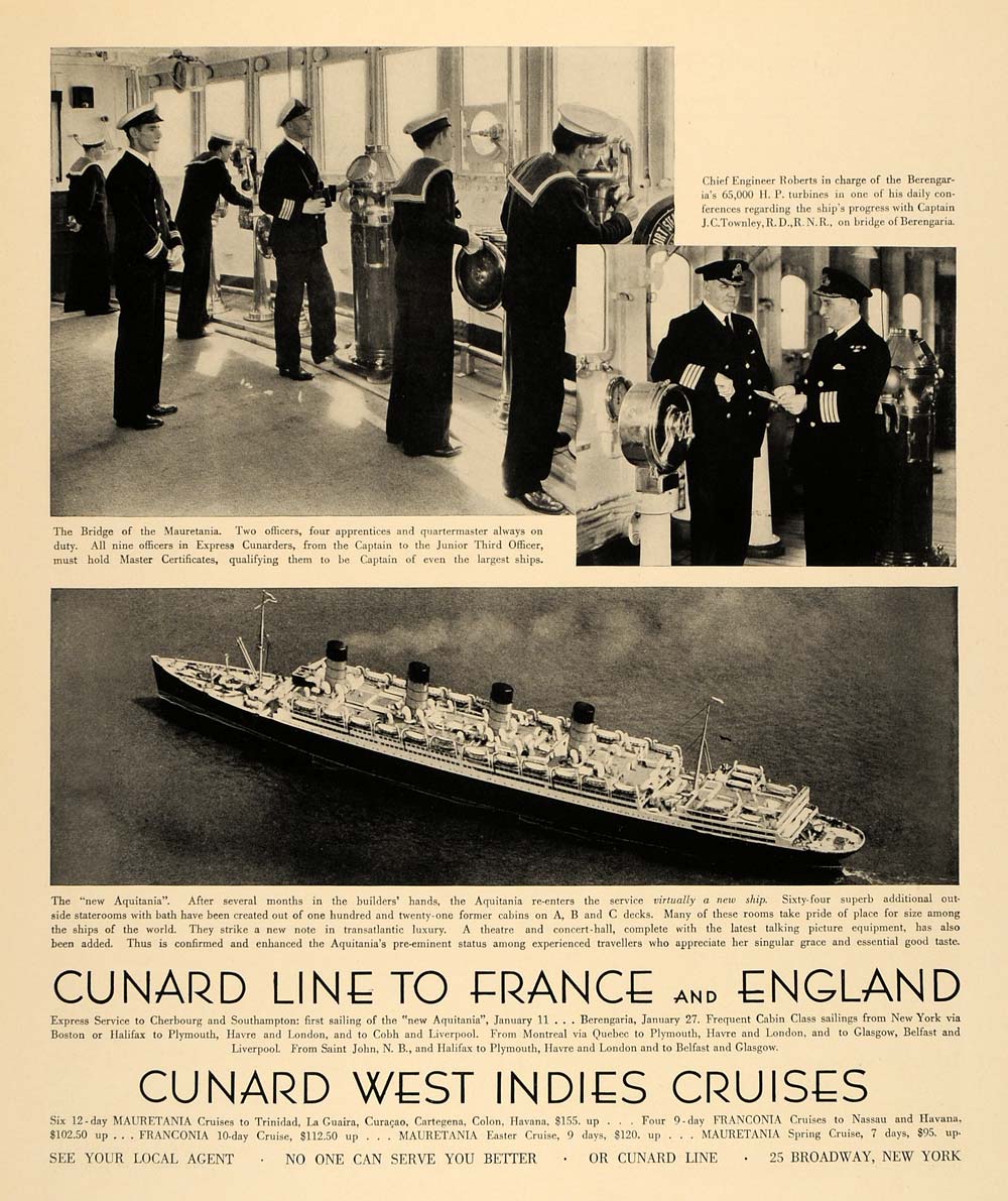1933 Ad Cunard Line Ships Aquitania Crew E. T. Britten - ORIGINAL F2A