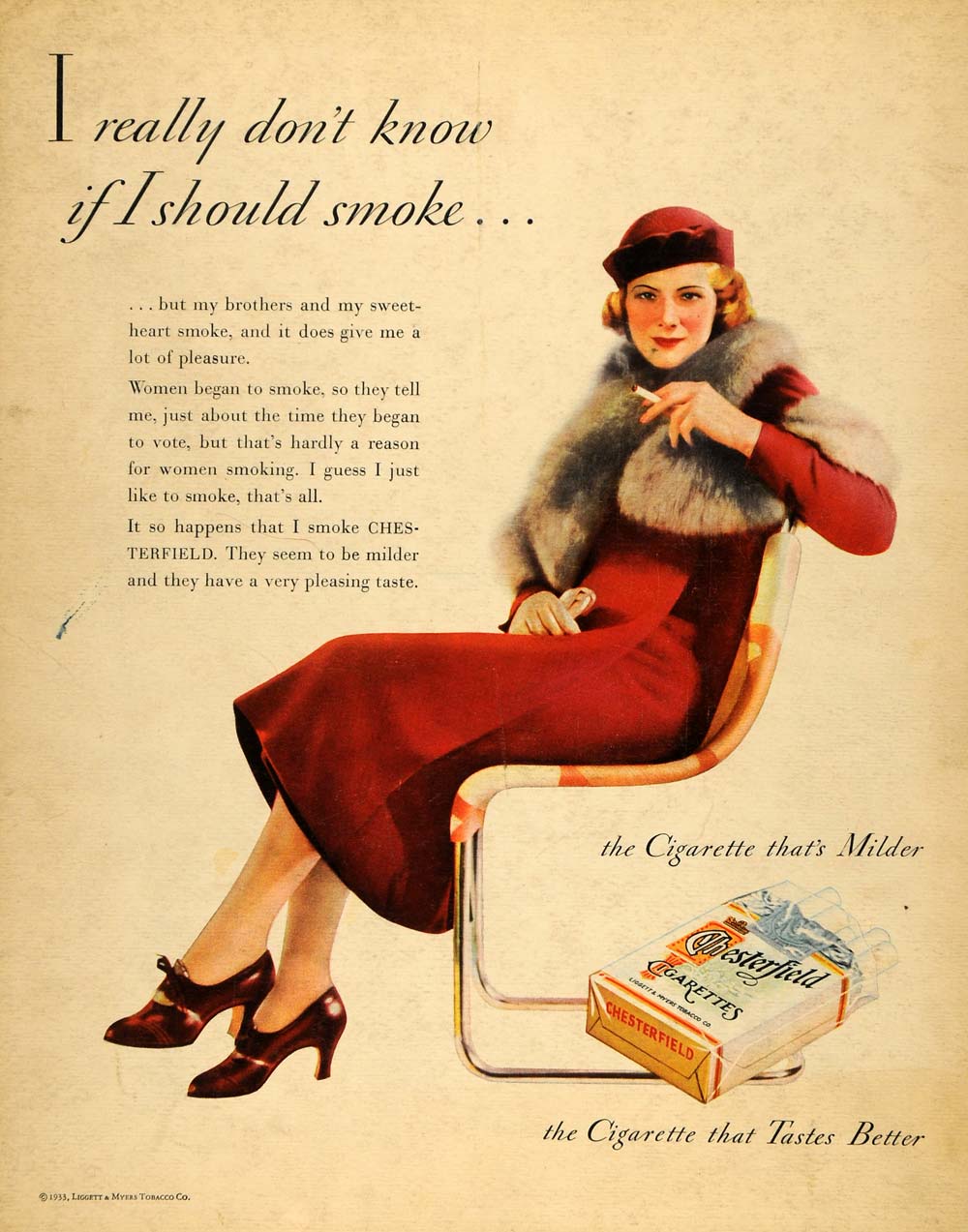 1933 Ad Liggett & Myers Chesterfield Cigarette Lady Red - ORIGINAL F2A