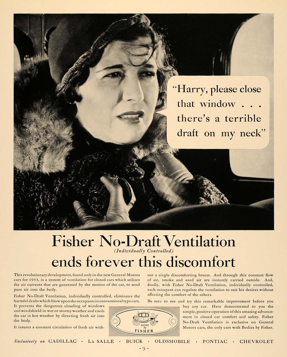 1933 Ad Fisher Automotive Body Ventilation Cold Woman - ORIGINAL ADVERTISING F2A