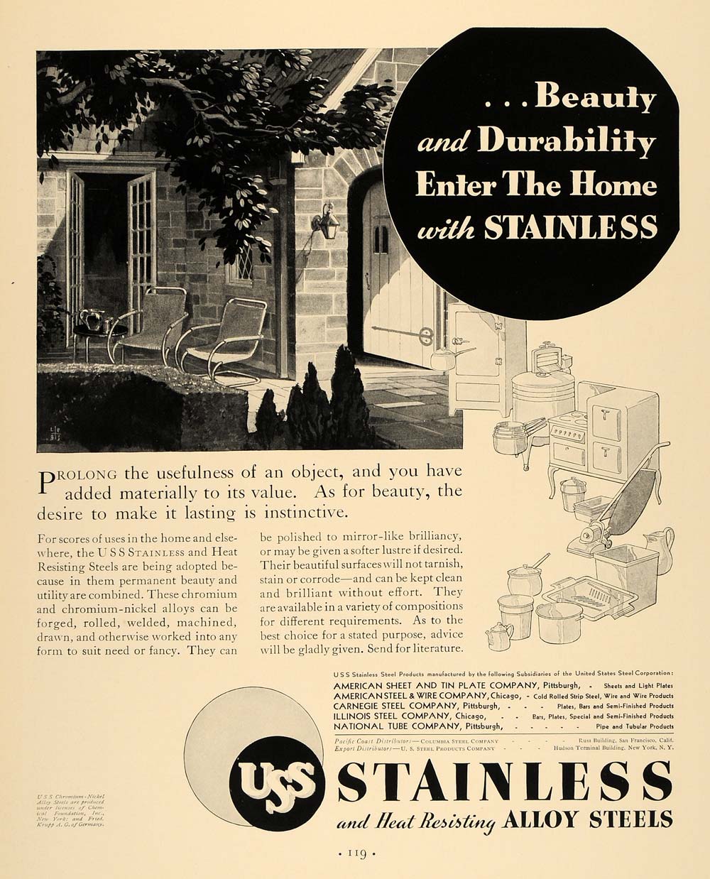 1933 Ad USS Stainless Heat Resisting Alloy Steels Patio - ORIGINAL F2A
