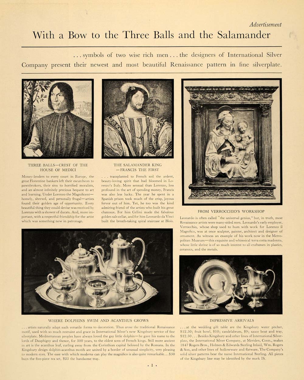 1938 Ad International Silver Renaissance da Vinci - ORIGINAL ADVERTISING F2A