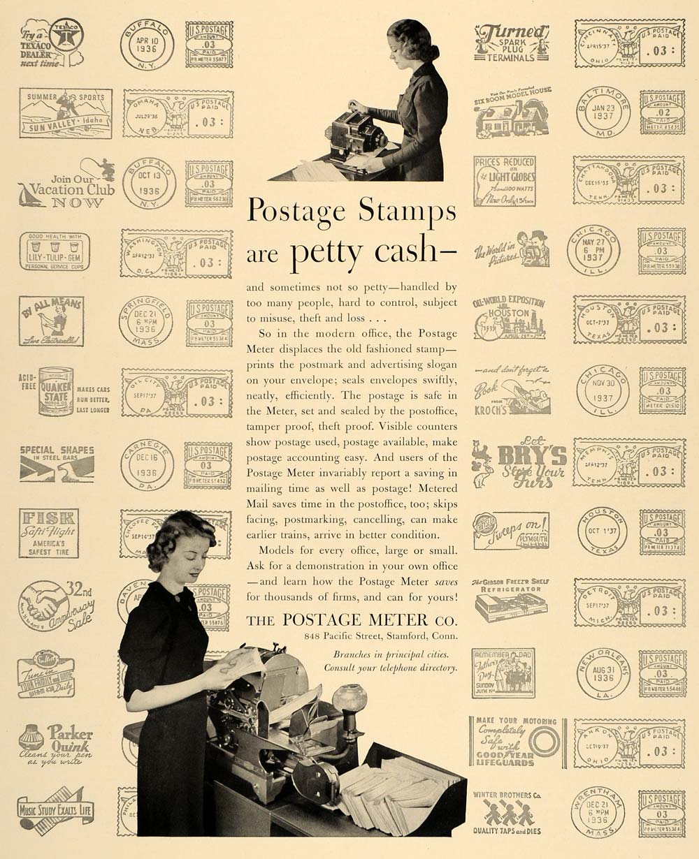 1938 Ad Postage Meter Company Mailing Stamps Stamford - ORIGINAL  ADVERTISING F2A