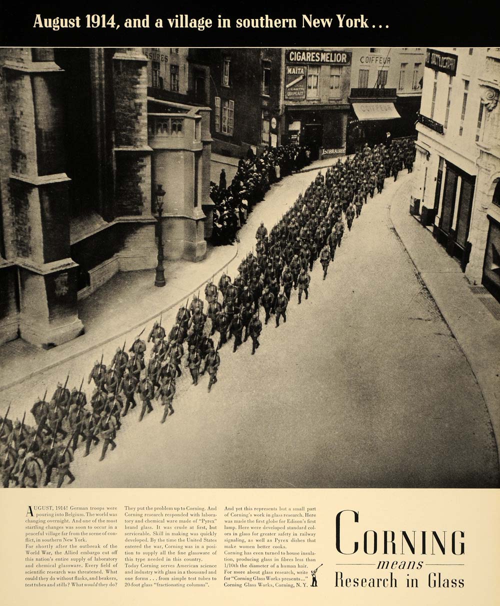 1938 Ad Corning Glass Works German Troops Belgium WWII - ORIGINAL F2A