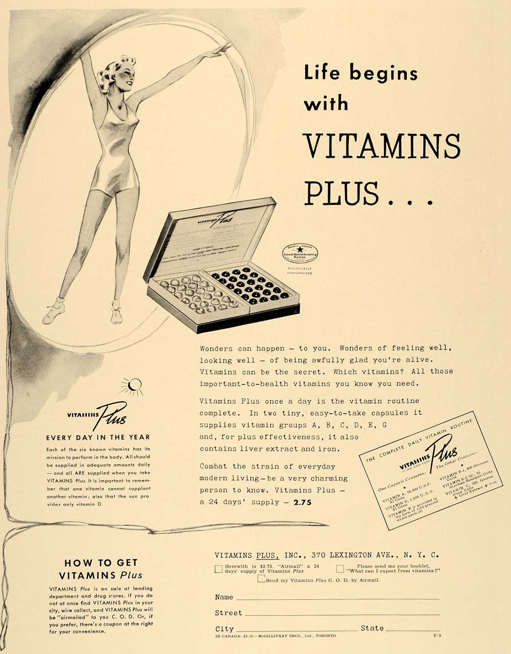 1938 Ad Vitamins Plus Woman Swimsuit New York City - ORIGINAL ADVERTISING F2A