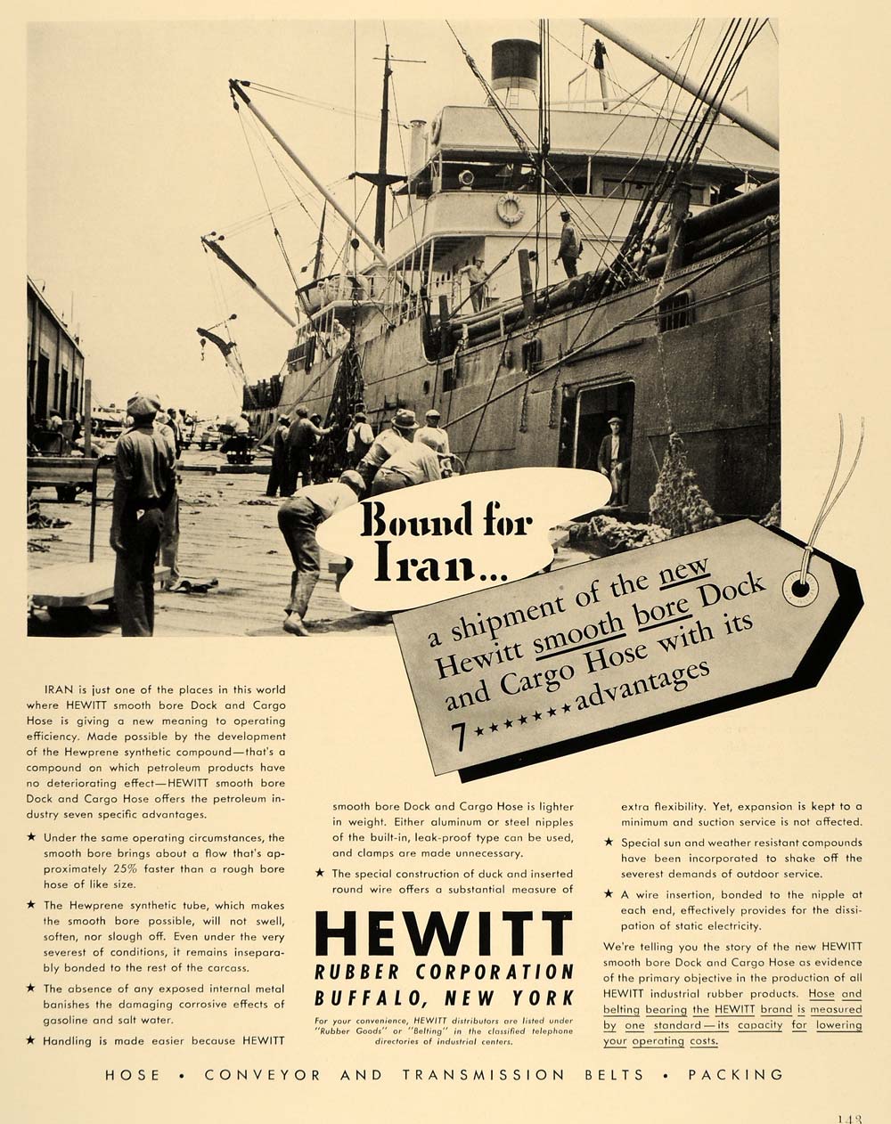 1938 Ad Hewitt Rubber Iran Cargo Ship Dock Hewprene - ORIGINAL ADVERTISING F2A
