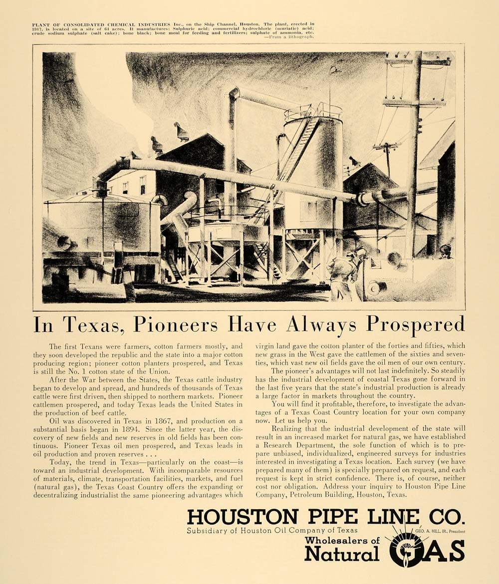 1938 Ad Houston Pipe Line Natural Gas Pioneers Texas - ORIGINAL ADVERTISING F2A