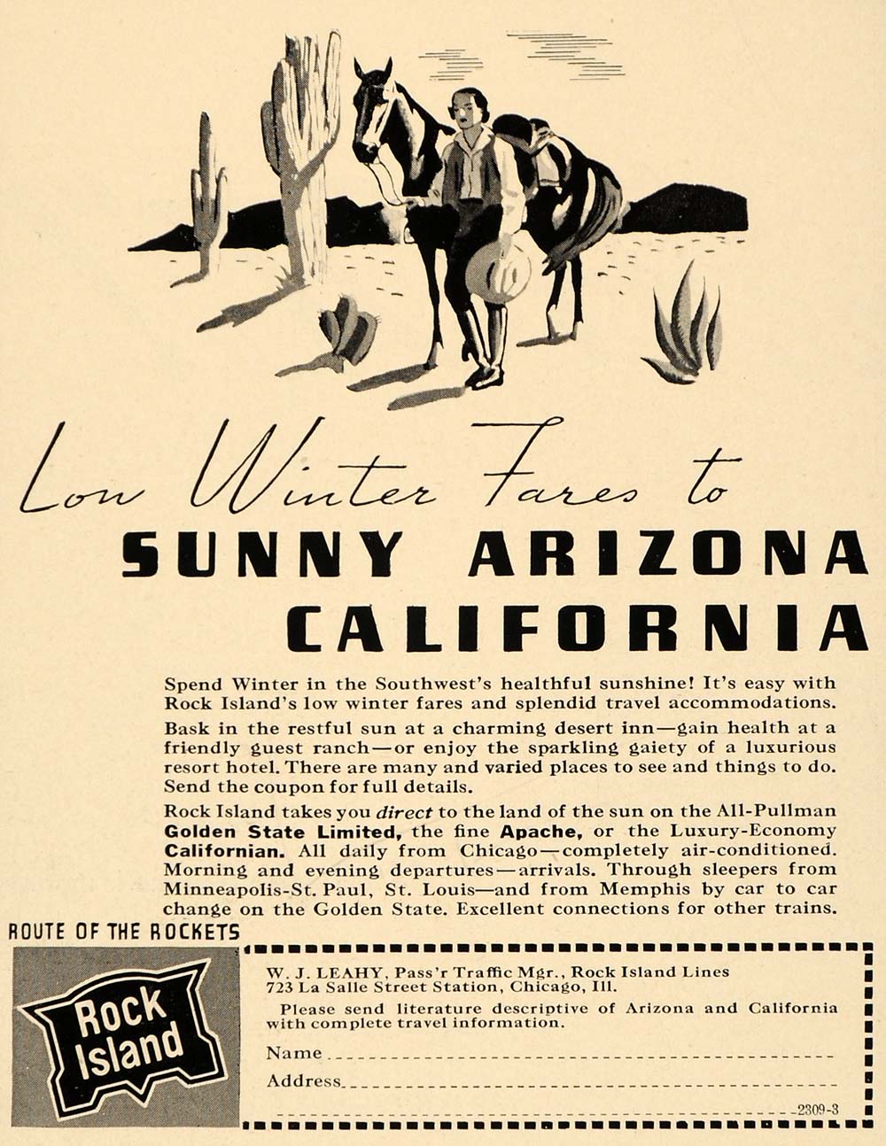 1938 Ad Arizona California Rock Island Tourism Pullman - ORIGINAL F2B