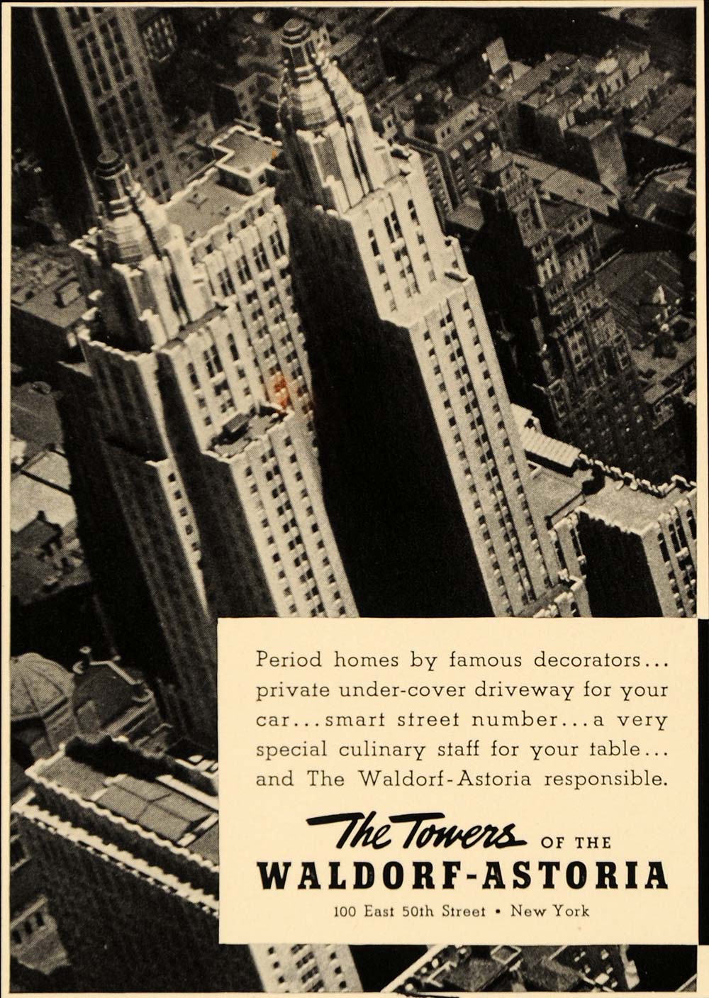 1938 Ad Waldorf-Astoria Towers Hotel Luxury Resort - ORIGINAL ADVERTISING F2B