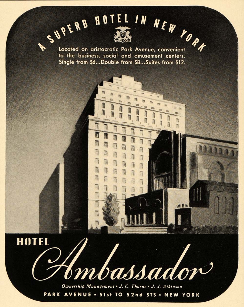1938 Ad Hotel Ambassador Park Avenue Resort Suites - ORIGINAL ADVERTISING F2B