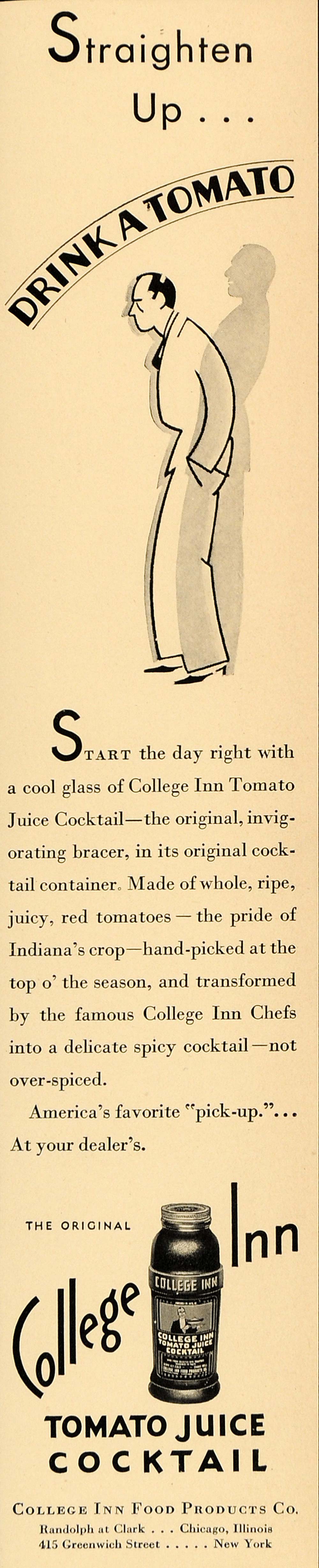 1931 Ad College Inn Food Products Co Tomato Juice Cocktail Bottle Chicago IL F2B