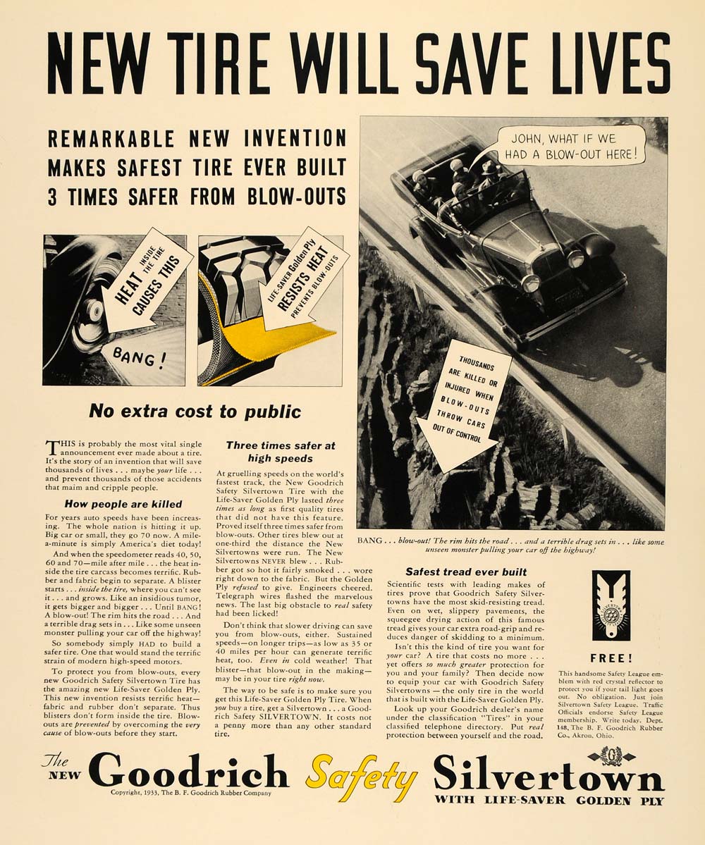 1933 Ad B. F. Goodrich Rubber Safety Silvertown Tire - ORIGINAL ADVERTISING F3A