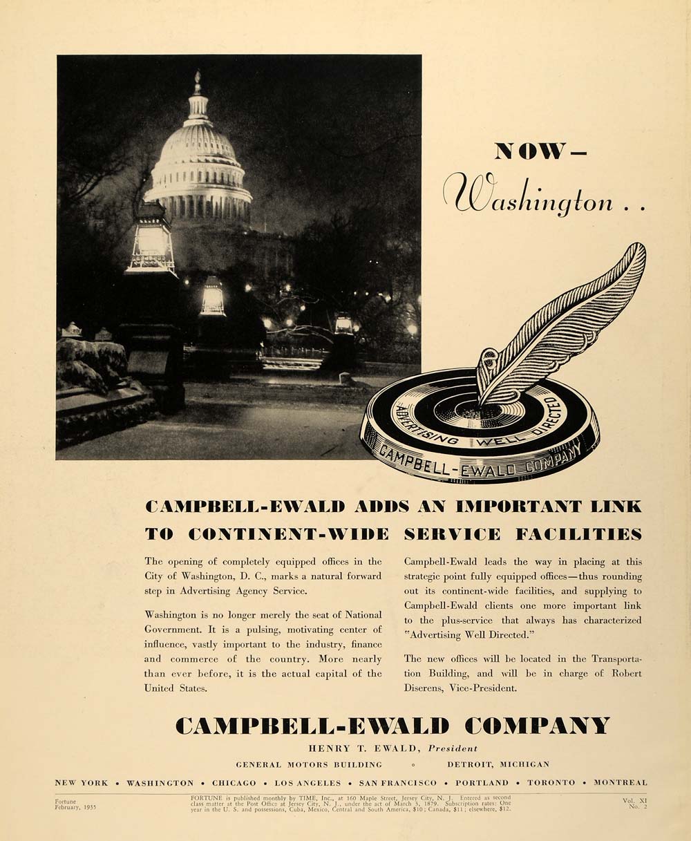 1935 Ad Campbell-Ewald Washington D.C. Quill Inkwell - ORIGINAL ADVERTISING F3A