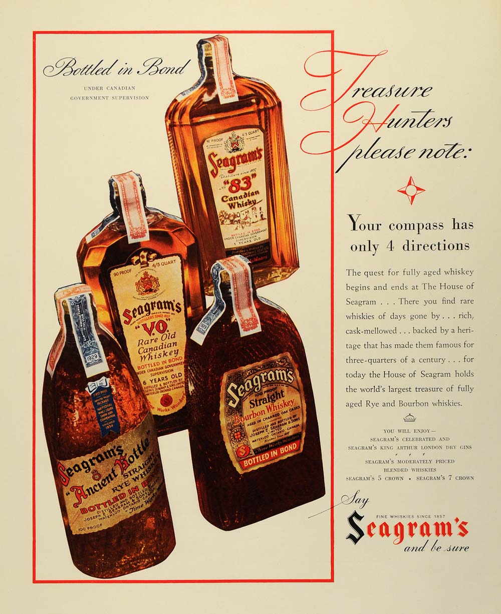 1935 Ad Seagram's Aged Whiskeys Compass Bottles Canada - ORIGINAL F3A