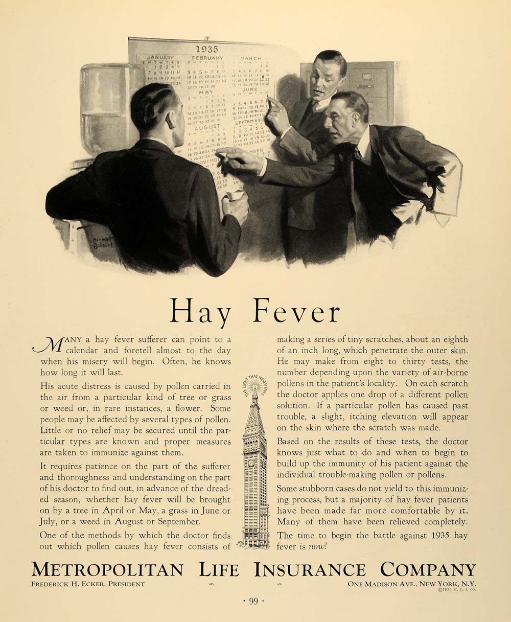 1935 Ad Metropolitan Life Insurance Hay Fever Calendar - ORIGINAL F3A