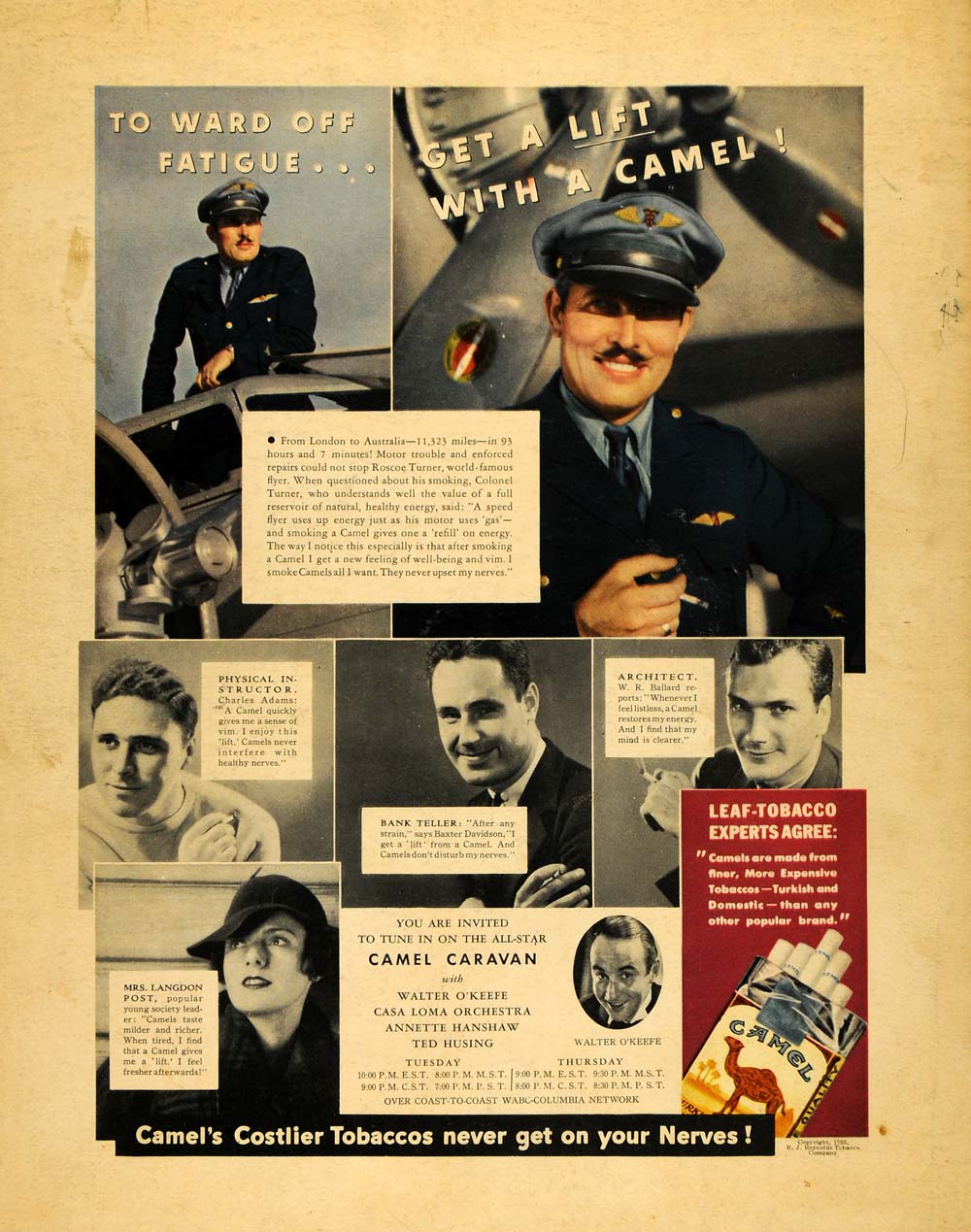1935 Ad Camel Cigarettes Roscoe Turner Langdon Post - ORIGINAL ADVERTISING F3A