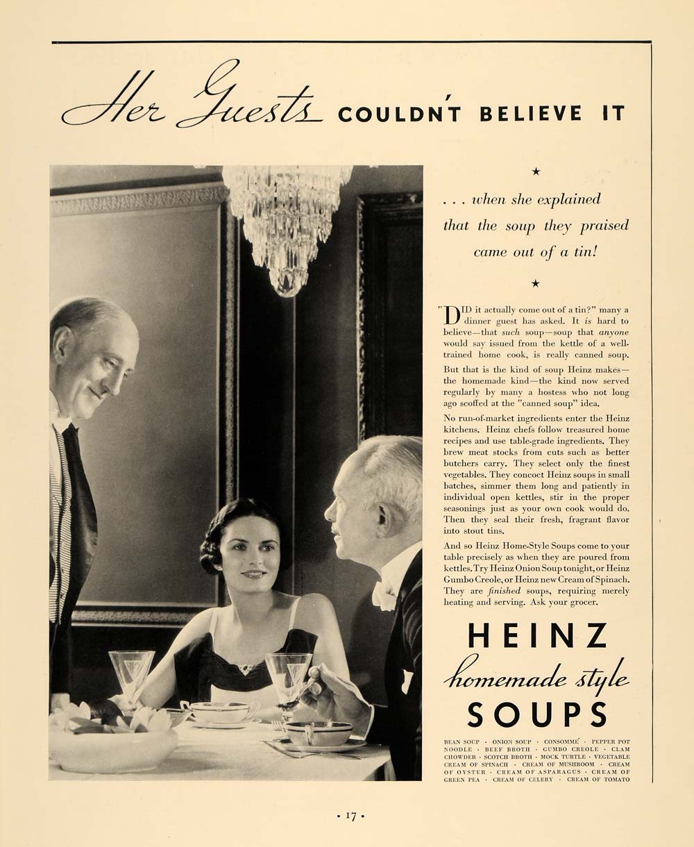 1935 Ad Heinz Home-Style Soups Cans Gumbo Creole - ORIGINAL ADVERTISING F3A