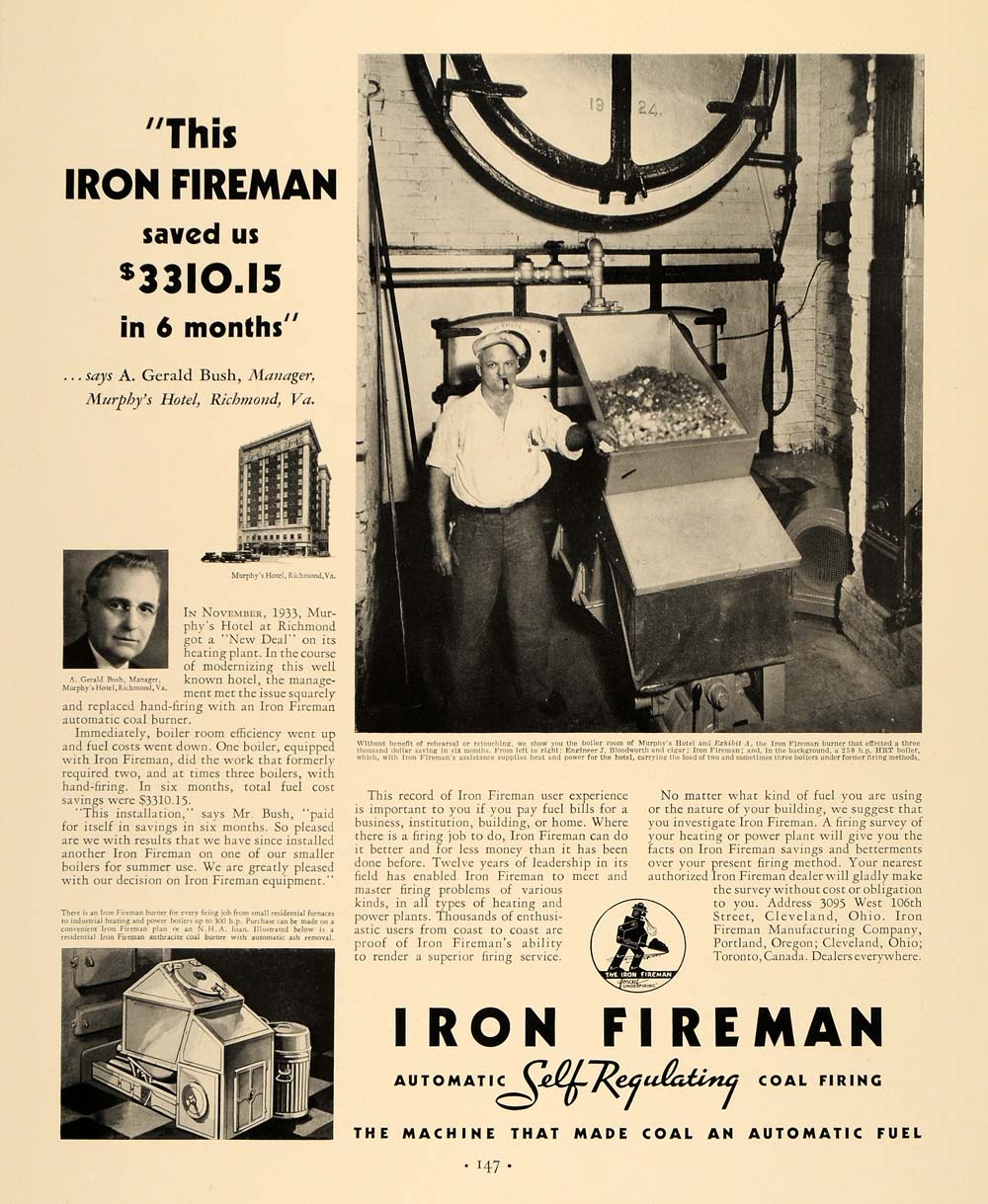 1935 Ad Iron Fireman Regulating Coal Murphy's Hotel - ORIGINAL ADVERTISING F3A