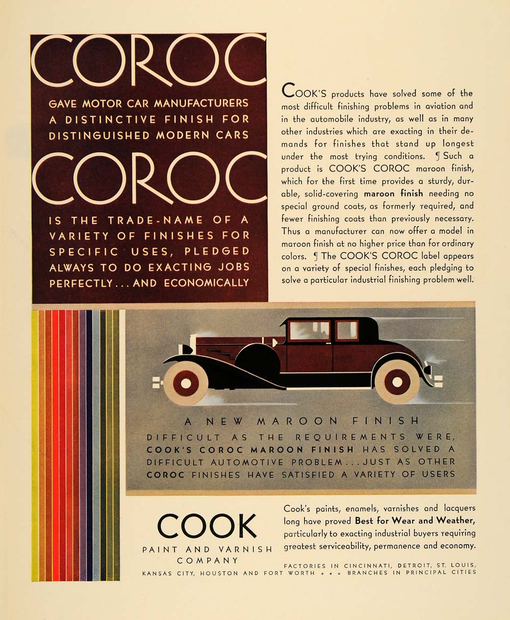1930 Ad Cook Paint Varnish Coroc Motor Cars Lacquers - ORIGINAL ADVERTISING F3A