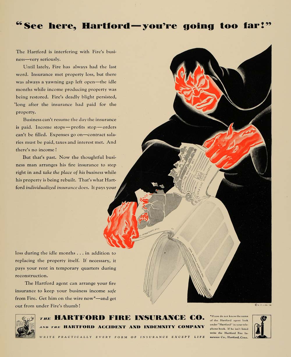 1930 Ad Hartford Fire Insurance Illustration - ORIGINAL ADVERTISING F3A