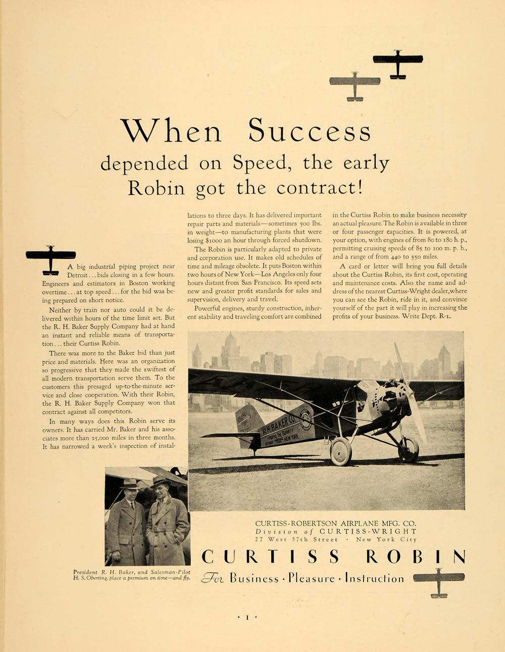 1930 Ad Curtiss Robin Robertson Airplane Plane Flight - ORIGINAL ADVERTISING F3A