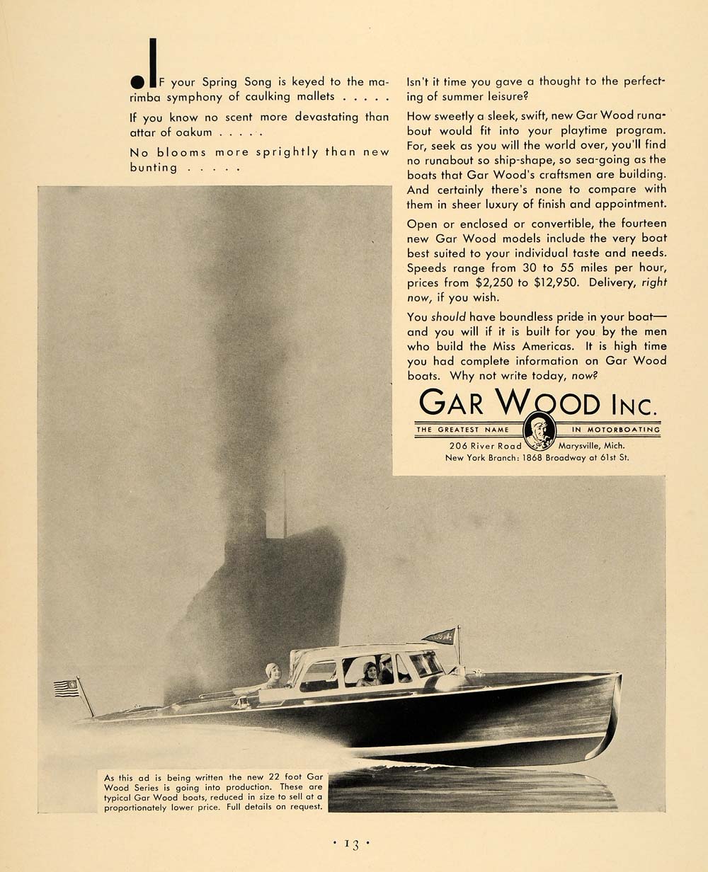 1930 Ad Gar Wood Watercraft Boat Marysville Navigation - ORIGINAL F3A