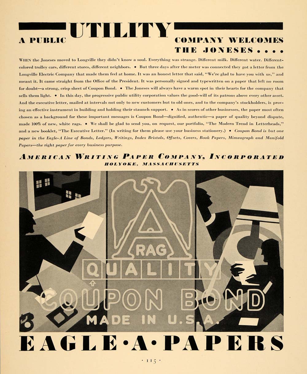 1930 Ad American Writing Paper Company Holyoke Eagle - ORIGINAL ADVERTISING F3A