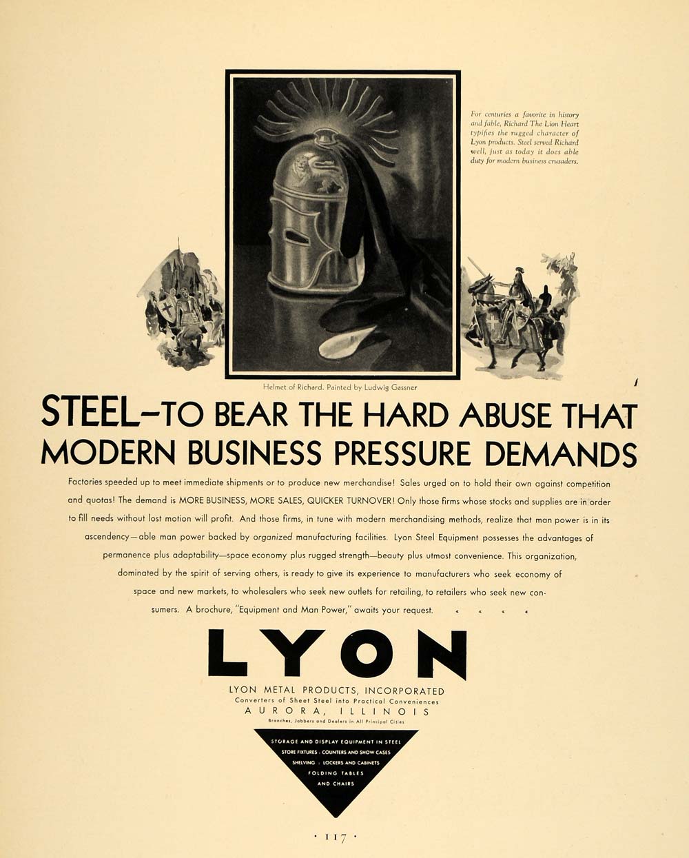 1930 Ad Lyon Metal Products Aurora Illinois Knight - ORIGINAL ADVERTISING F3A