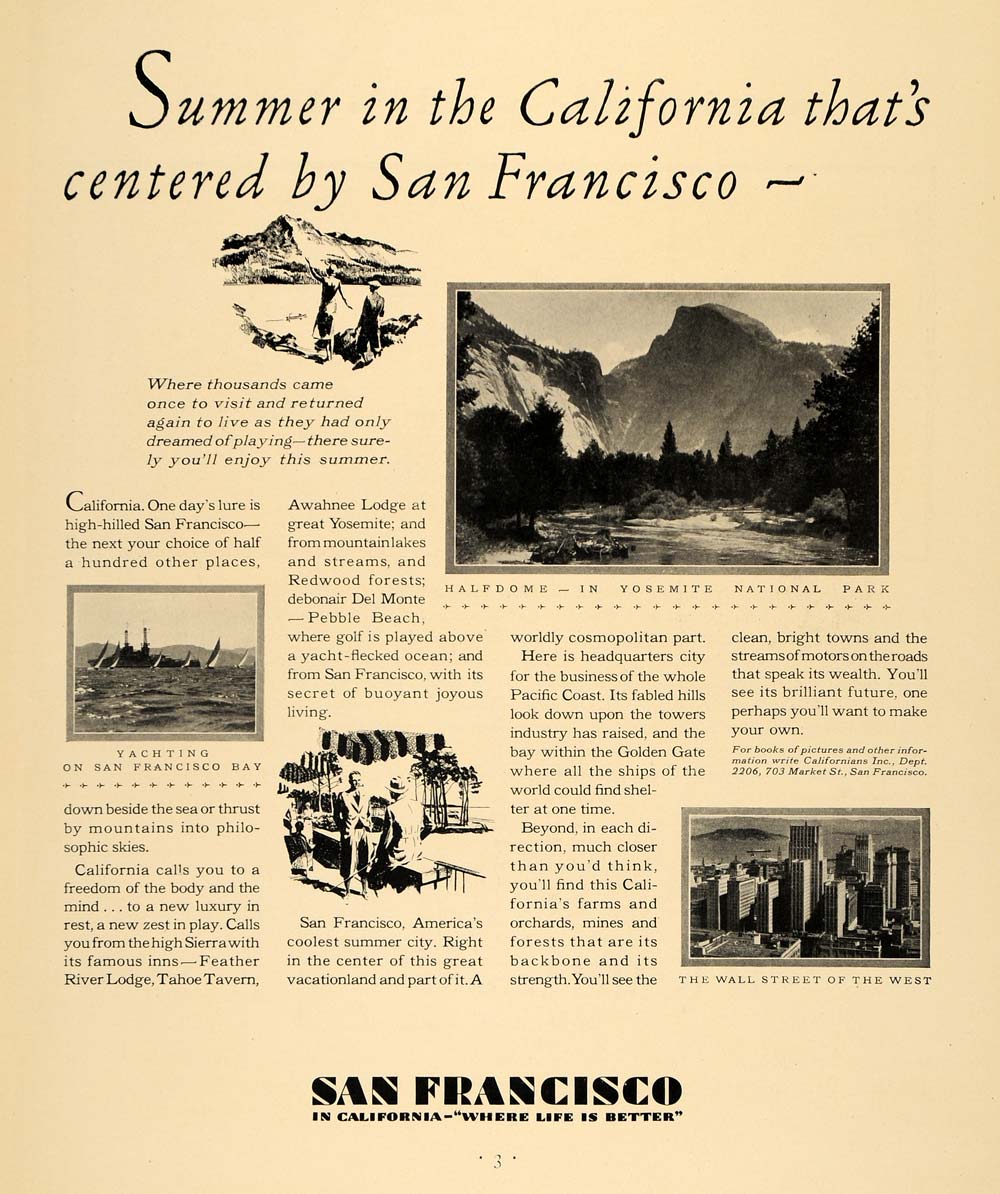 1930 Ad San Francisco Yachting Yosemite National Park - ORIGINAL ADVERTISING F3A