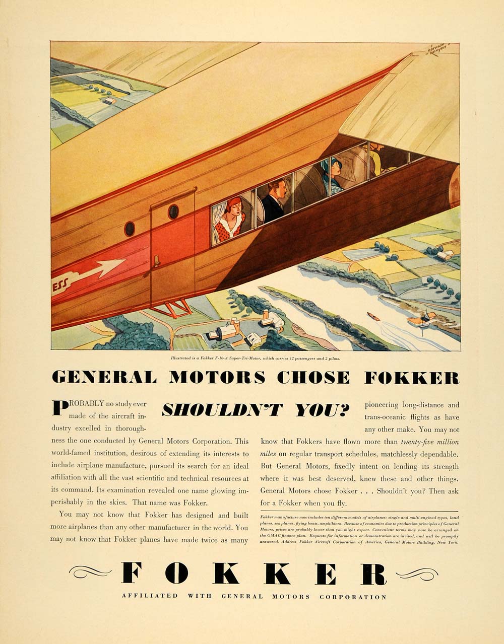 1930 Ad Fokker General Motors Airplane Aviation Plane - ORIGINAL ADVERTISING F3A