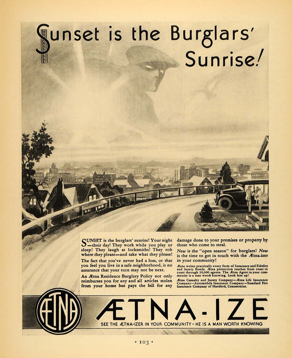 1930 Ad Aetna Insurance Burglar Accident Sunset Sunrise - ORIGINAL F3A