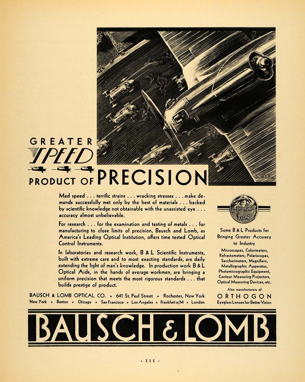 1930 Ad Bausch Lomb Optical Airplane Auto Eye Care - ORIGINAL ADVERTISING F3A