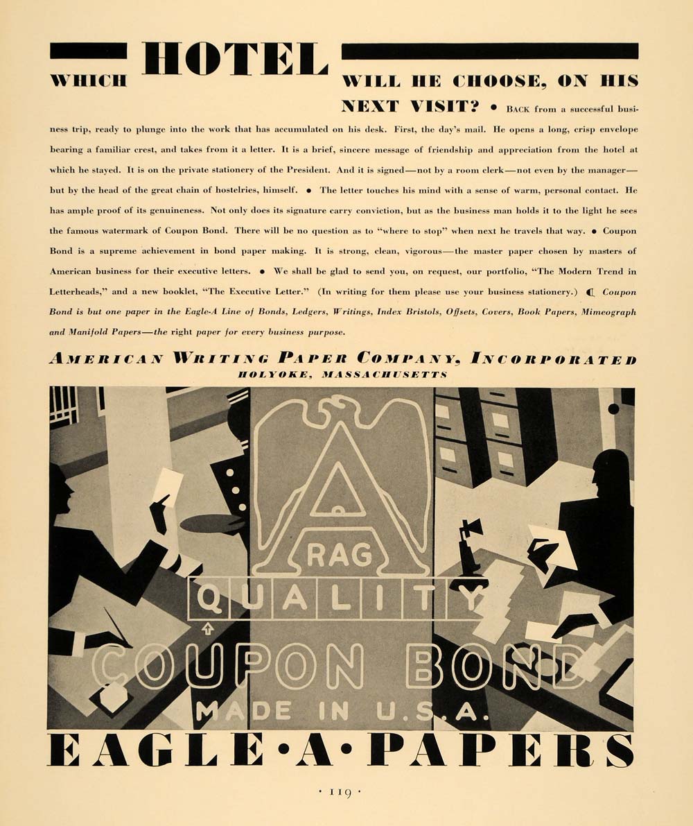 1930 Ad Eagle Paper American Writing Holyoke Book Hotel - ORIGINAL F3A ...