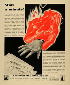 1930 Ad Hartford Fire Insurance Co Accident Indemnity Burning Arm Dividend F3A