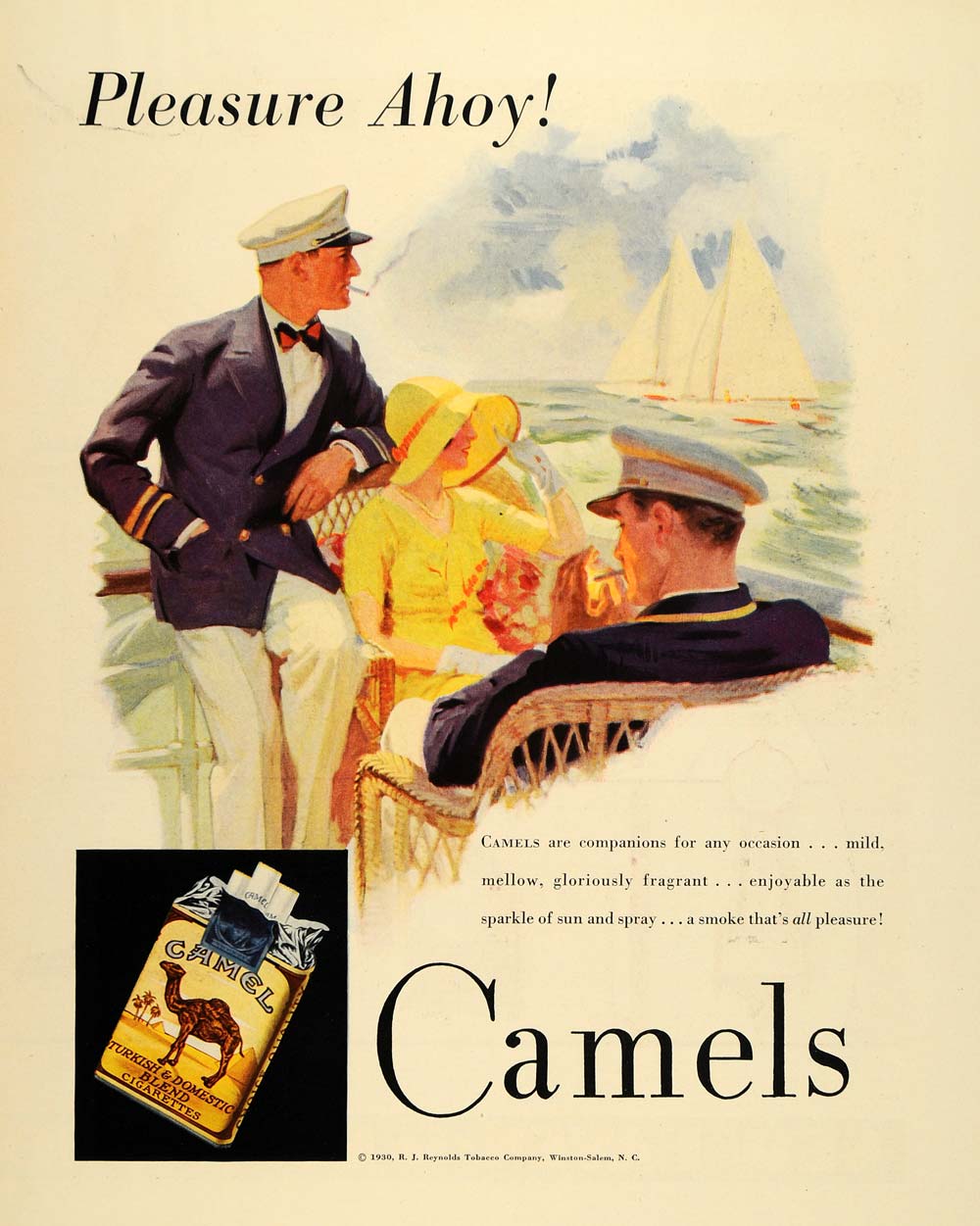 1930 Ad Camel Cigarettes Sailing Sail Boat Ship Captain - ORIGINAL F3A