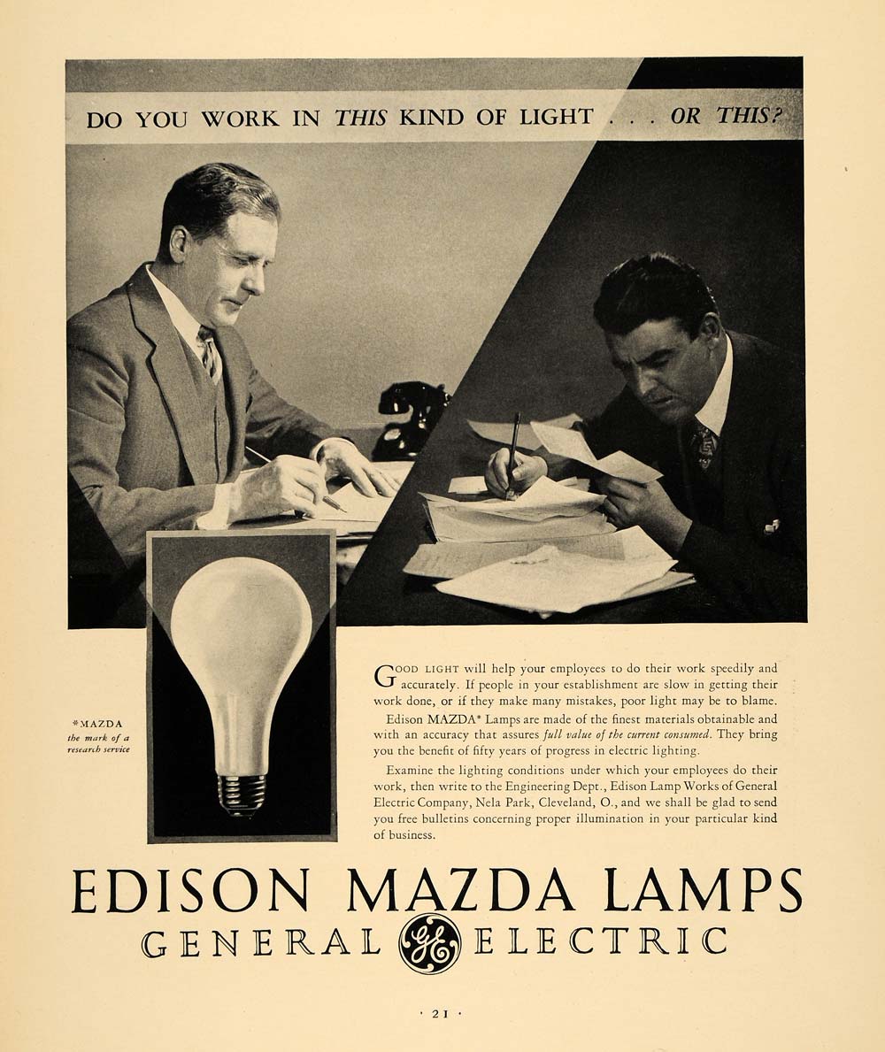 1930 Ad General Electric Edison Mazda Lamps Lighting Office Work Businessmen F3A
