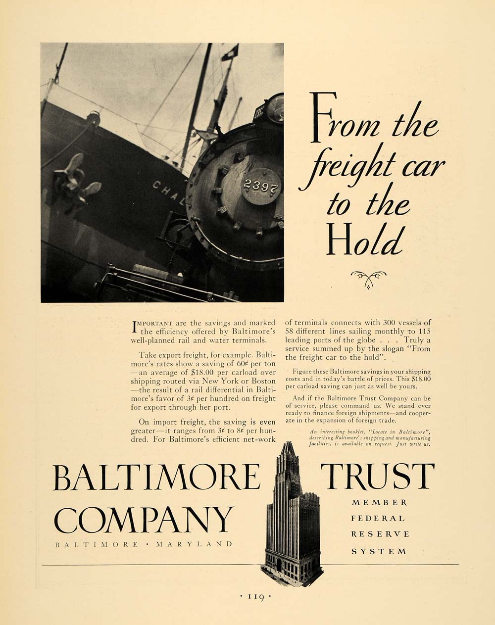 1930 Ad Baltimore Trust Export Freight Train Shipping - ORIGINAL ADVERTISING F3A
