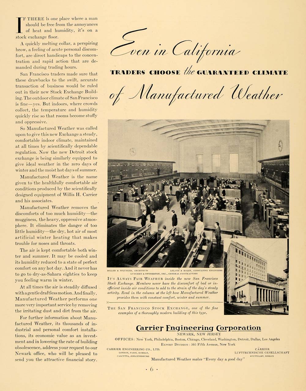 1930 Ad Carrier Engineers San Francisco Stock Exchange - ORIGINAL F3A